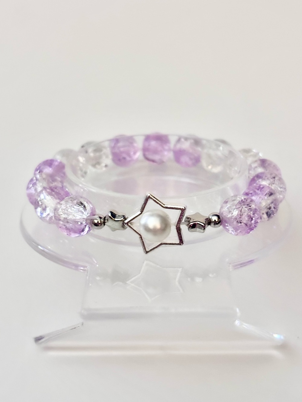 Hand Crafted Lavender and Cream Crackle Bead Bracelet with Star Pearl Accent